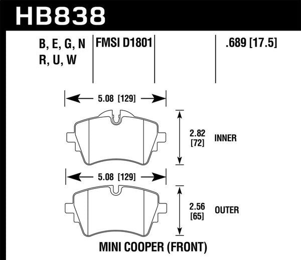 Hawk HB838W.689 17-19 Mini Cooper Clubman 1.5L DTC-30 Front Brake Pads
