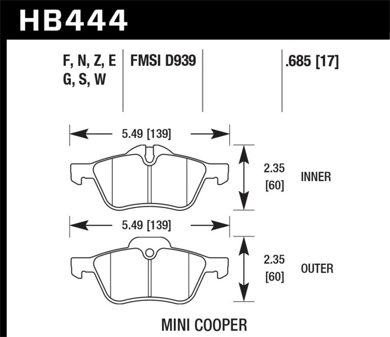 Hawk HB444B.685 06-08 Mini Cooper Base/ S 1.6L HPS 5.0 Front Brake Pads