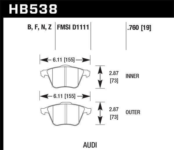 Hawk HB538F.760 09 Audi A4 Cabriolet / 05-07 A4 / 05-09 A4 Quattro / 06-09 A6 / 08 VW R32 HPS Front Brake Pads