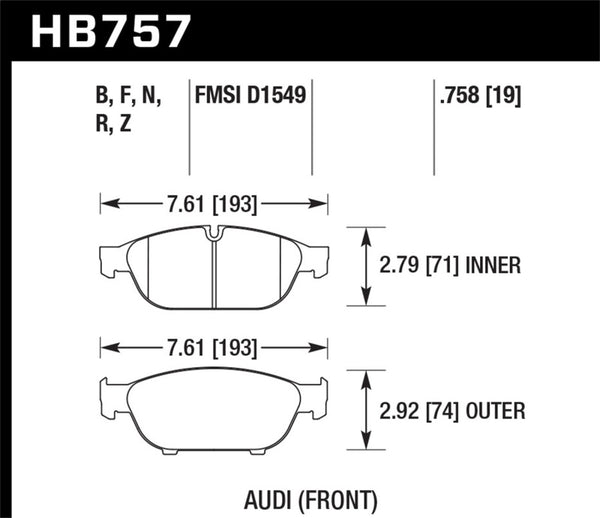 Hawk HB757B.758 Audi 2013 A5 Quattro / 12-16 A6 Quattro/A7 Quattro/A8 Quattro HPS 5.0 Front Brake Pads