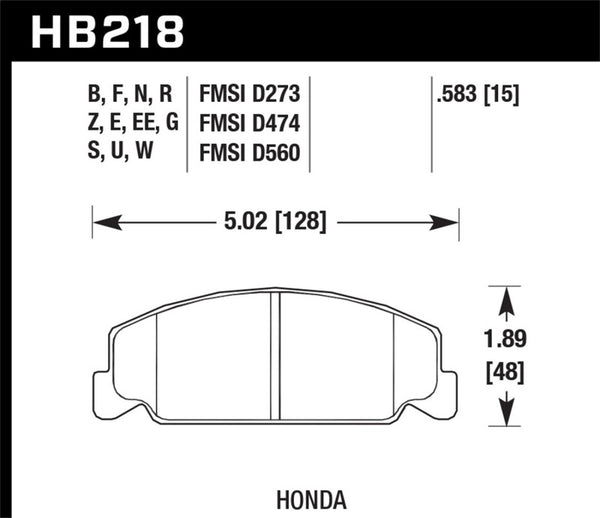 Hawk HB218B.583 1984-1985 Honda Accord Coupe 1800 LX 1.8 HPS 5.0 Front Brake Pads