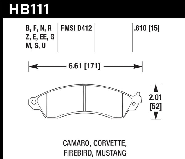 Hawk HB111M.610 94-04 Mustang Cobra / 88-96 Corvette / 88-92 Camaro w/HD Brakes Front Black Race Brake Pads