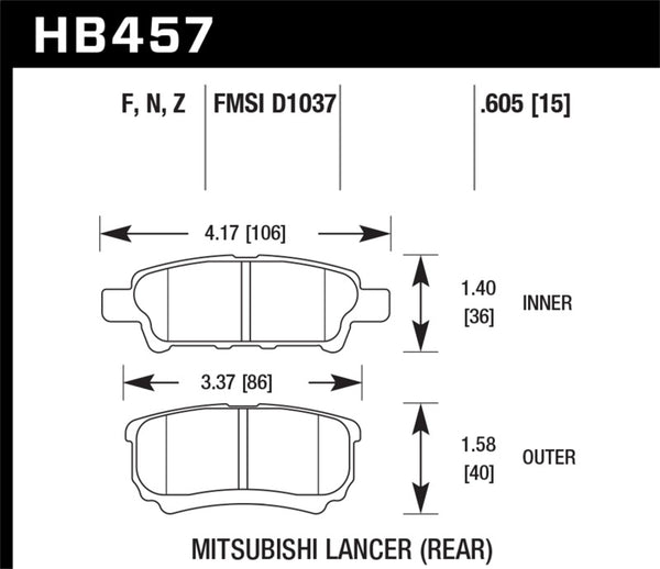 Hawk HB457F.605 07-09 Dodge Caliber R/T / 08-09 Caliber SXT / 08-09 Mitsubishi Lancer DE/ES/GTS HPS Street Rear