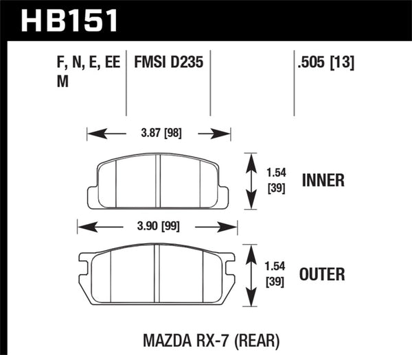 Hawk HB151M.505 Mazda RX-7 Black Race Rear Brake Pads