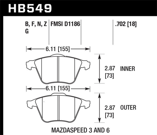 Hawk HB549G.702 07-11 Mazdaspeed3 / 06-11 Mazdaspeed6 / 05-09 Volvo V50 DTC-60 Front Race Brake Pads
