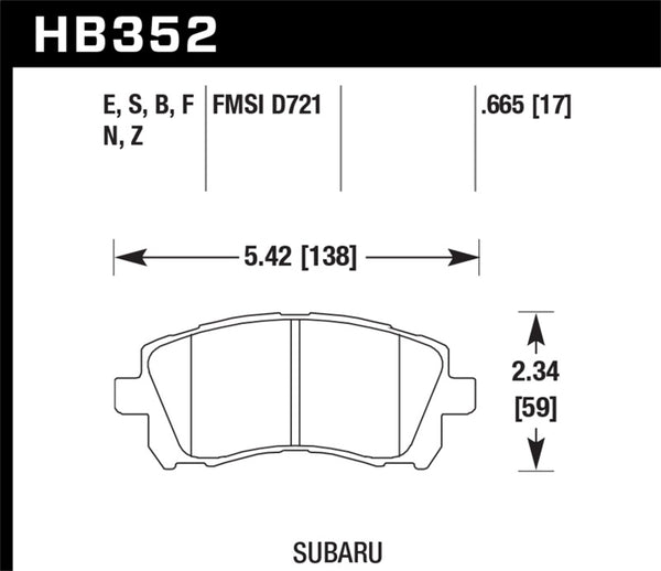 Hawk HB352B.665 1998-2/2002 Subaru Forester L (w/Rear Drum Brakes) High Perf. Street 5.0 Front Brake Pads
