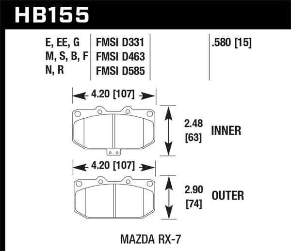 Hawk HB155B.580 1990-1990 Mazda RX-7 GXL (w/Elec Adjust Susp) HPS 5.0 Front Brake Pads