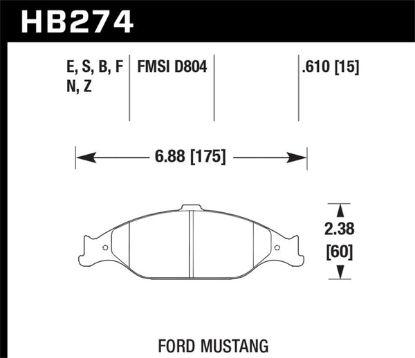 Hawk HB274B.610 1999-2004 Ford Mustang Base 3.8 HPS 5.0 Front Brake Pads