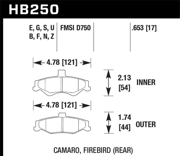Hawk HB250F.653 98-02 Chevrolet Camaro 5.7L/3.8L / 98-02 Pontiac Firebird 5.7L/3.8L  HPS Street Rear Brake Pads