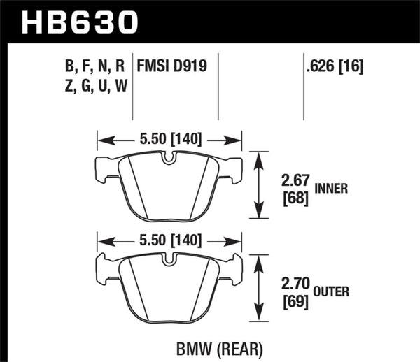 Hawk HB630W.626 04-10 BMW 535i/545i/550i / 04-10 645Ci/650i /02-09 745i/745Li/750  DTC-30 Race Rear Brake Pads