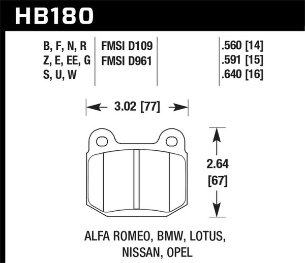 Hawk HB180F.560 03-06 Evo / 04-09 STi / 03-07 350z Track edition/G35 w/ Brembo HPS Street Rear Brake Pads