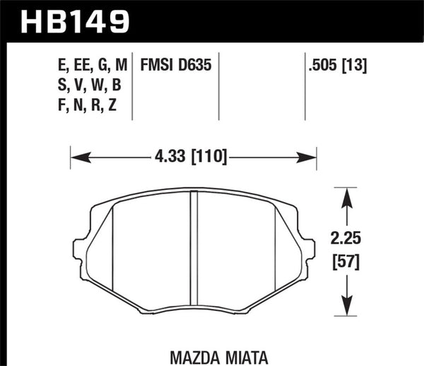 Hawk HB149F.505 94-05 Miata / 01-05 Normal Suspension HPS Street Front Brake Pads (D635)