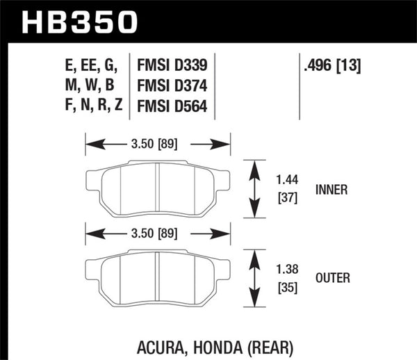 Hawk HB350G.496 90-01 Acura Integra (excl Type R) / 98-00 Civic Coupe Si DTC-60 Race Rear Brake Pads