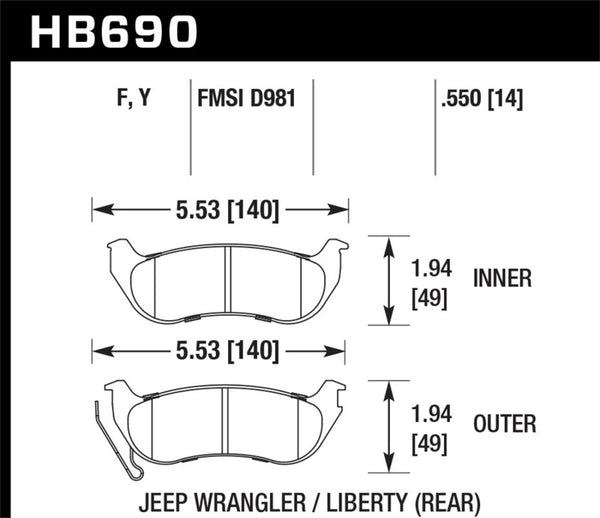 Hawk HB690F.550 04-07 Jeep Liberty KJ / 04-06 Wrangler Unlimited HPS Street Rear Brake Pads