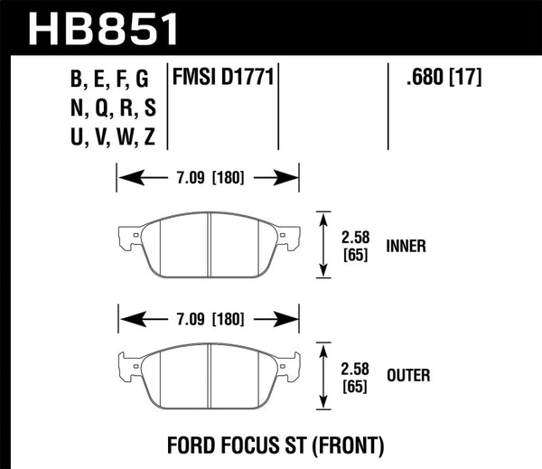 Hawk HB851U.680 15-16 Ford Focus ST DTC-70 Race Front Brake Pads