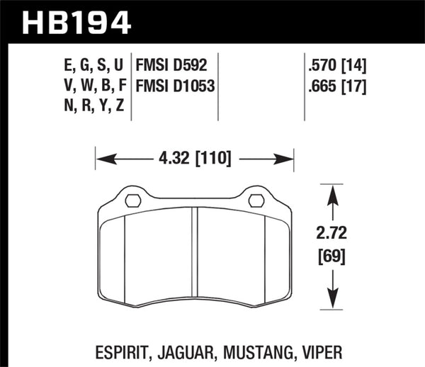 Hawk HB194F.665 92-00 Dodge Viper / 00 Mustang Cobra SVT  HPS Street Front Brake Pads