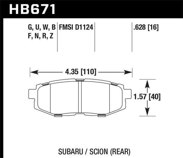 Hawk HB671F.628 11+ Subaru Legacy GT HPS Street Rear Brake Pads