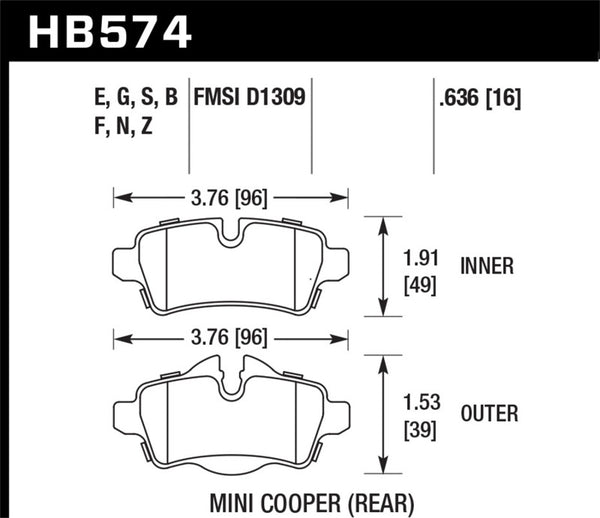 Hawk HB574B.636 07+ Mini Cooper HPS 5.0 Rear Brake Pads