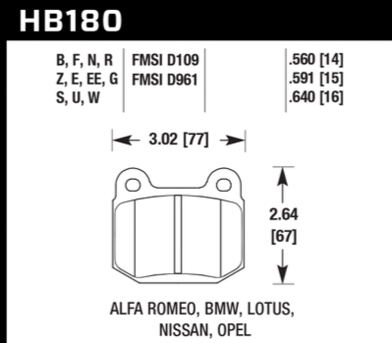Hawk HB180B.560 1984-1986 Alfa Romeo GTV-6 2.5 HPS 5.0 Front Brake Pads