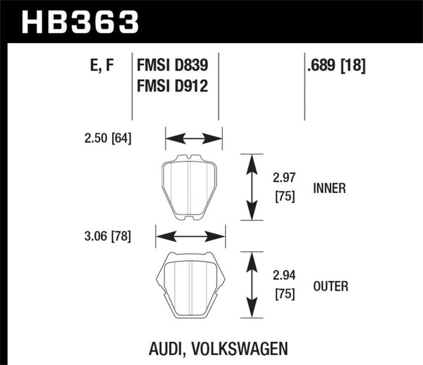 Hawk 00-04 Audi A6 Quattro/00-03 A8 Quattro/03-05 VW Passat Bleu 9012 Plaquettes de frein avant course