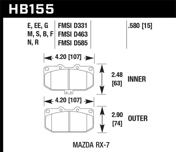 Hawk HB155D.580 88-89 Mazda RX-7 1.3L 10th Anniversary 4 Piston Caliper Front ER-1 Brake Pads