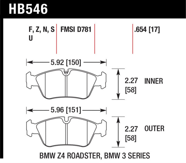 Hawk HB546B.654 08 BMW Z4 3.0L HPS 5.0 Front Brake Pads