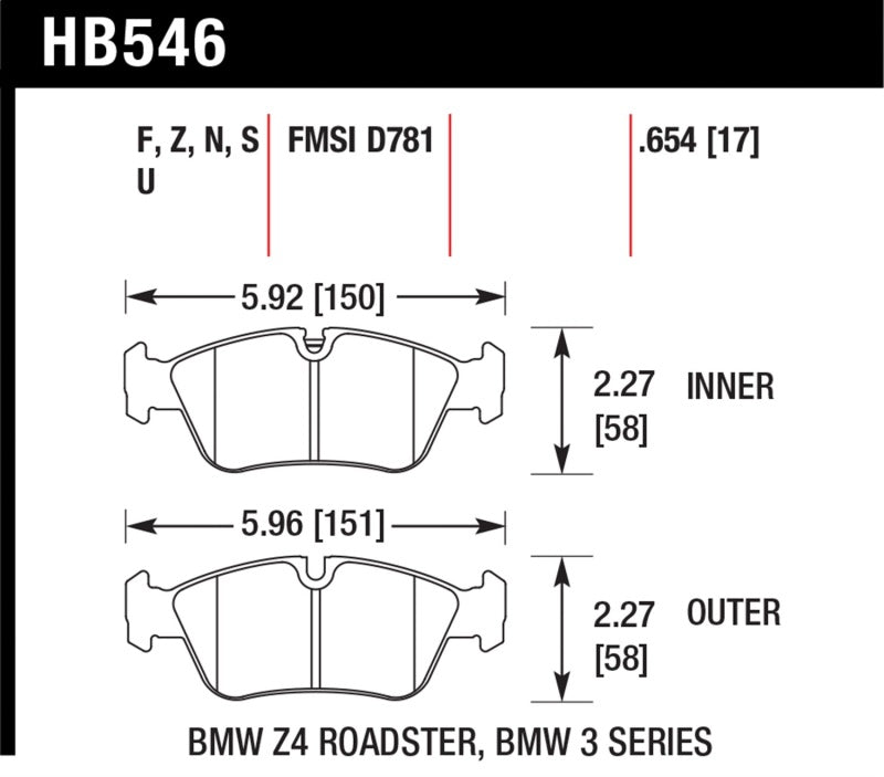 Hawk HB546U.654 DTC-70 Brake Pads 98-02 BMW Z3/03-08 BMW Z4