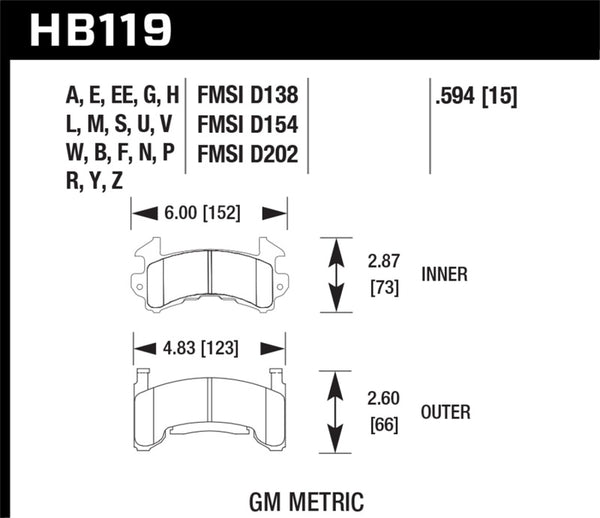 Plaquettes de frein de course Hawk GM Metric DTC-70 avec épaisseur .0594
