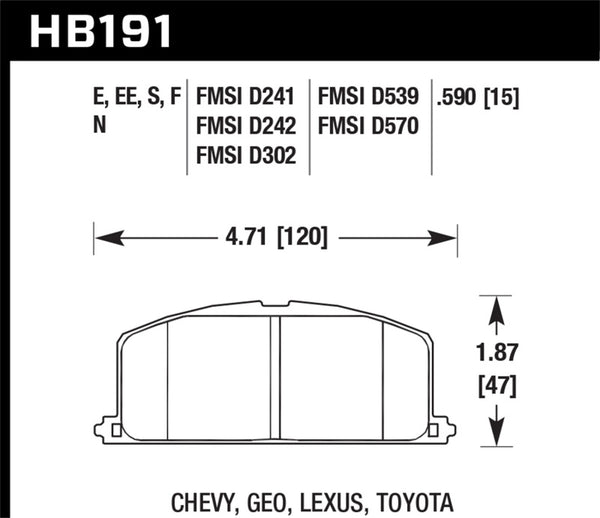 Hawk HB191F.590 87 Toyota Corolla FX16 / All Toyota MR2 HPS Street Front Brake Pads ( FMSI p/n D242 MUST CALL)