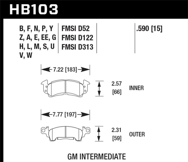Hawk HB103M.590 76-77 Chevrolet Camaro LT / 72 Camaro Z28 / 69-81 Camaro Black Race Front Brake Pads