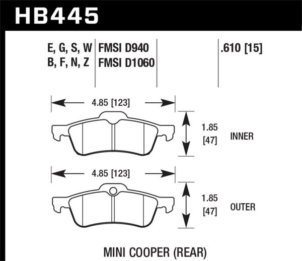 Hawk HB445N.610 02-06 Mini Cooper / Cooper S HP+ Street Rear Brake Pads