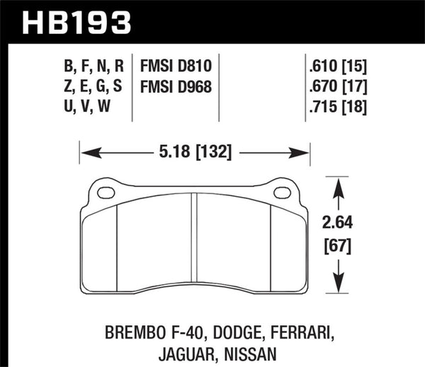 Hawk HB193V.670 09-16 Nissan GT-R / 08-11 Audi R8 (w/o Wear Sensor) DTC-50 Race Rear Brake Pads