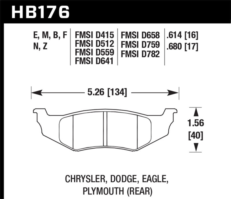 Hawk HB176E.680 Chrysler / Dodge / Plymouth Blue 9012 Rear Race Brake Pads