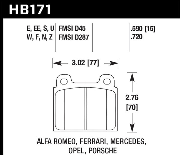 Hawk HB171W.590 69-77 & 84-89 Porsche 911 DTC-30 Front Race Brake Pads