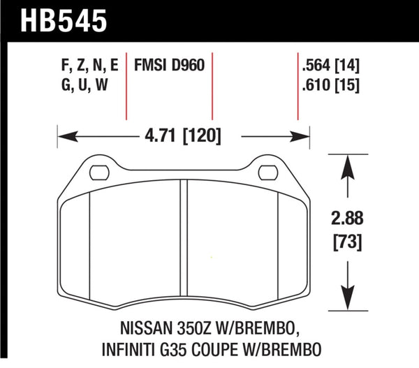 Hawk HB545G.564 03-04 Infinit G35 / 04-09 Nissan 350z w/ Brembo DTC-60 Race Front Brake Pads
