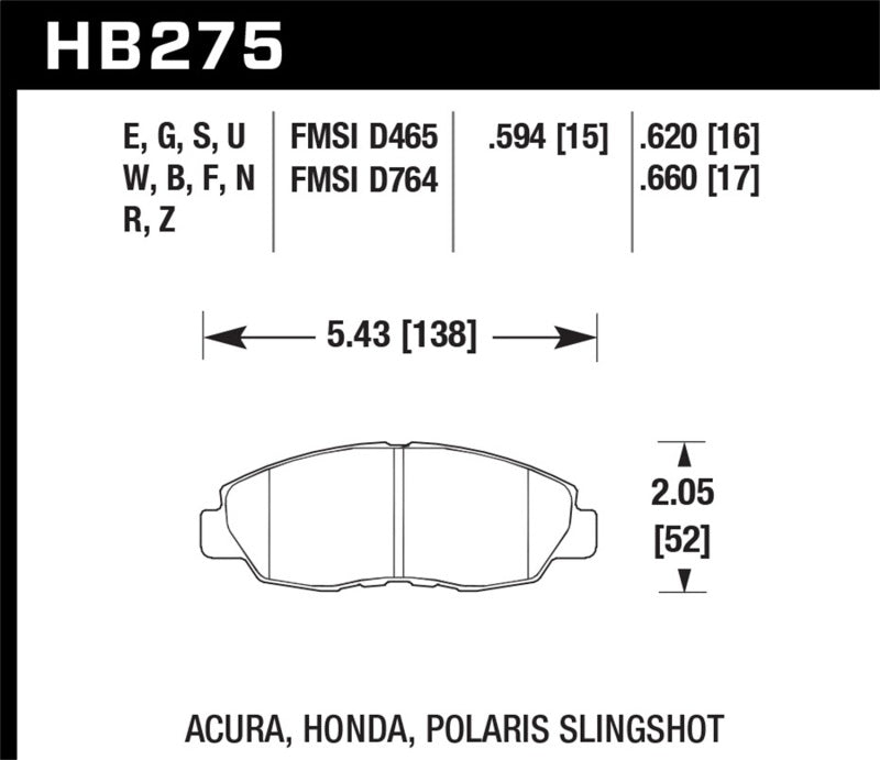 Hawk HB275G.594 Honda 98-02 Accord / 06-11 Civic / Polaris Slingshot DTC-60 Race Brake Pads