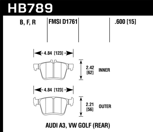 Hawk HB789N.600 15-20 Audi A3 / 19-20 Volkswagen Jetta HP+ Street Rear Brake Pads