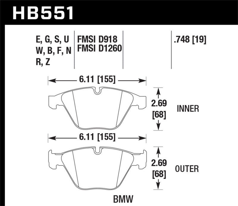 Hawk HB551D.748 2011 BMW 1 Series M 3.0L Base Front ER-1 Brake Pads